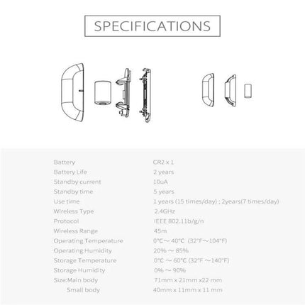 NEO Wireless WiFi Real-Time LED Door and Window Sensor technical specifications diagram showing dimensions, battery CR2, wireless range and operating conditions