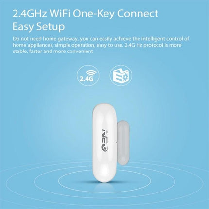 NEO Wireless WiFi Real-Time LED Door and Window Sensor white 2.4GHz one-key connect shown on blue background, easy setup