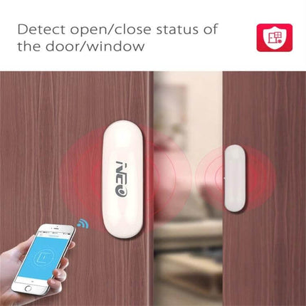 NEO Wireless WiFi Real-Time LED Door and Window Sensor mounted on wooden door with mobile app alert showing open/close status