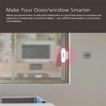 NEO Wireless WiFi Real-Time LED Door and Window Sensor mounted on sliding window frame showing app alerts for smart home security