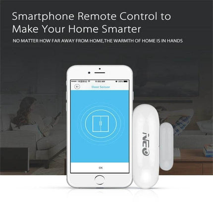 NEO Wireless WiFi Real-Time LED Door and Window Sensor shown with smartphone app displaying door sensor status