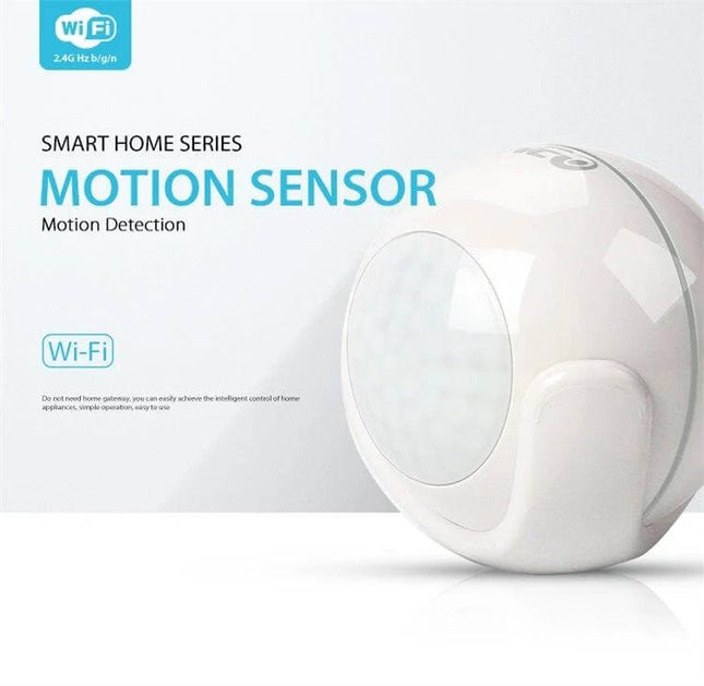 NEO Wireless WiFi PIR Motion Sensor for Smart Home Security white compact PIR motion detector with Wi‑Fi integration near doors and windows