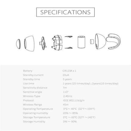NEO Wireless WiFi PIR Motion Sensor for Smart Home Security - exploded view and specs showing battery, sensor parts, range and operating conditions