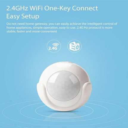 NEO Wireless WiFi PIR Motion Sensor for Smart Home Security compact white 2.4GHz PIR detector for doors and windows, easy one-key WiFi setup