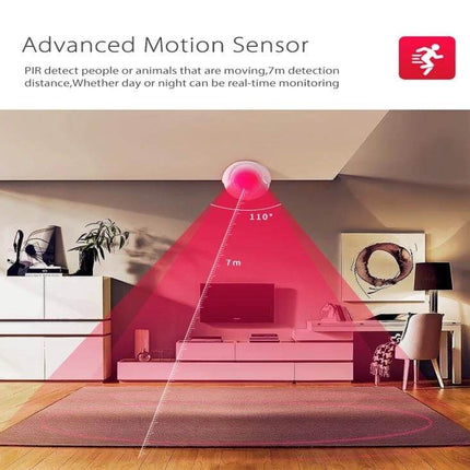NEO Wireless WiFi PIR Motion Sensor for Smart Home Security mounted on ceiling showing 110° coverage and 7m detection range in living room