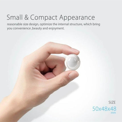 NEO Wireless WiFi PIR Motion Sensor for Smart Home Security compact white PIR sensor held between fingers, ideal for doors and windows (50x48x48mm)
