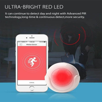 NEO Wireless WiFi PIR Motion Sensor for Smart Home Security showing red LED indicator with smartphone alert and intruder detection