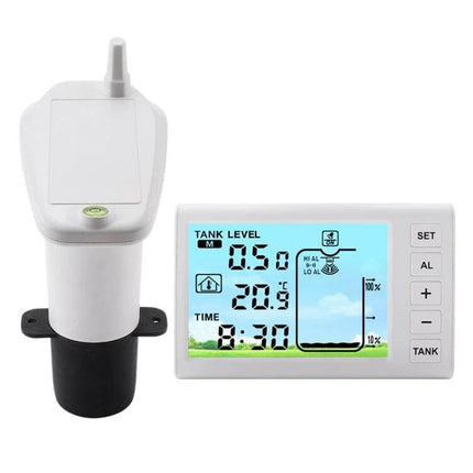 Ultrasonic Liquid Level Meter for Water Tank Monitoring with sensor probe and digital display showing tank level and time