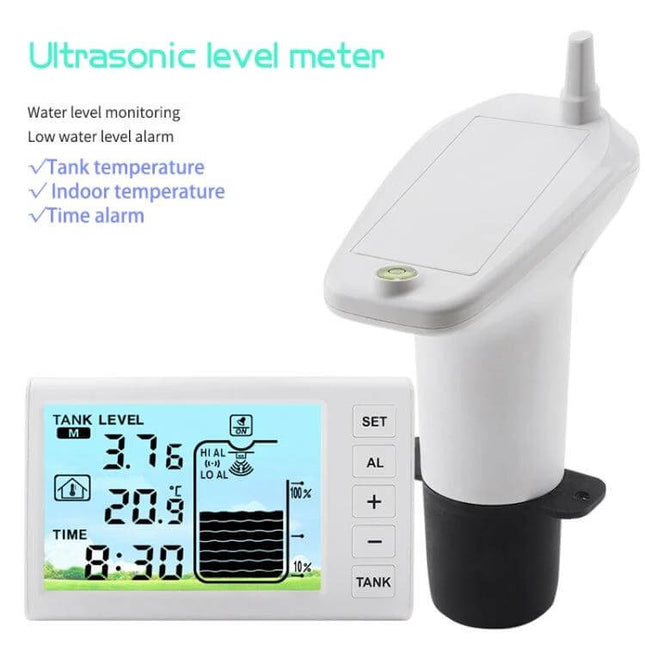 Ultrasonic Liquid Level Meter for Water Tank Monitoring with digital display showing tank height, temperature, and alarm indicators