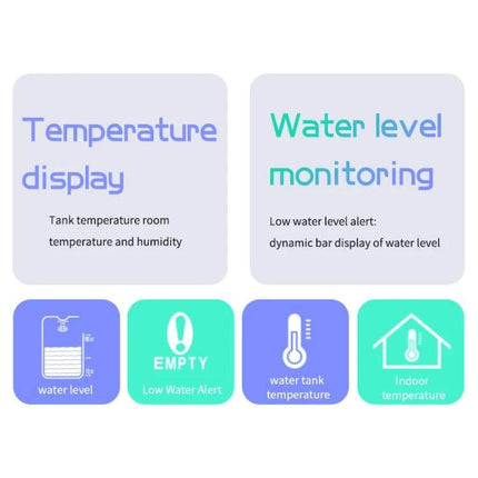 Ultrasonic Liquid Level Meter for Water Tank Monitoring — display showing water level, low water alert, tank temperature and indoor temperature icons