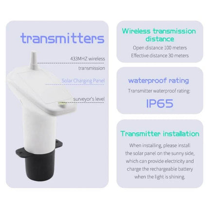 Ultrasonic Liquid Level Meter for Water Tank Monitoring - white ultrasonic transmitter with solar panel, IP65 waterproof, 433MHz wireless