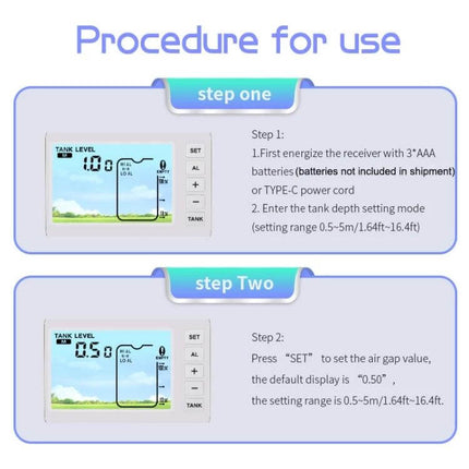 Ultrasonic Liquid Level Meter for Water Tank Monitoring display showing step-by-step setup instructions for tank depth and air gap