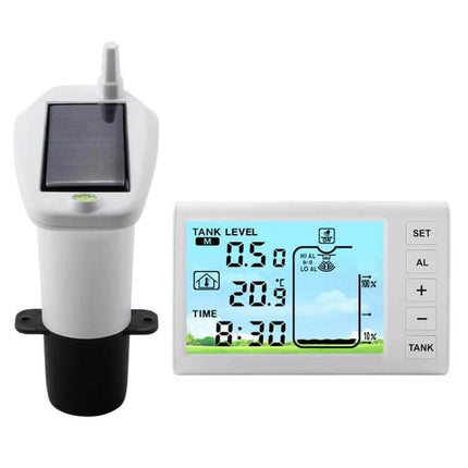 Solar-Powered Ultrasonic Liquid Level Monitoring Device with solar sensor and digital tank level display showing water height and temperature