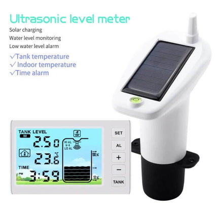 Solar-Powered Ultrasonic Liquid Level Monitoring Device with solar panel, ultrasonic sensor and display showing tank level, temperature and alarms