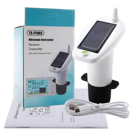 Solar-Powered Ultrasonic Liquid Level Monitoring Device shown with solar panel transmitter, USB cable and packaging for home water tank monitoring