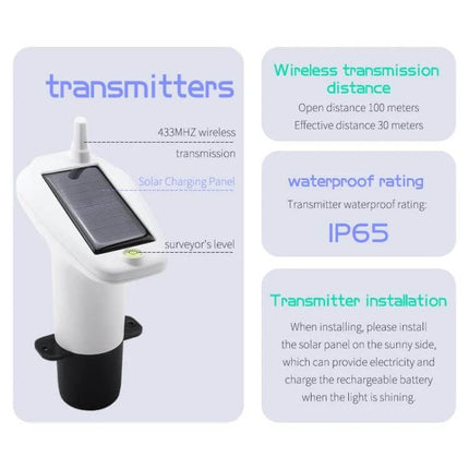 Solar-Powered Ultrasonic Liquid Level Monitoring Device solar panel transmitter with 433MHz wireless, IP65 waterproof, 100m open range