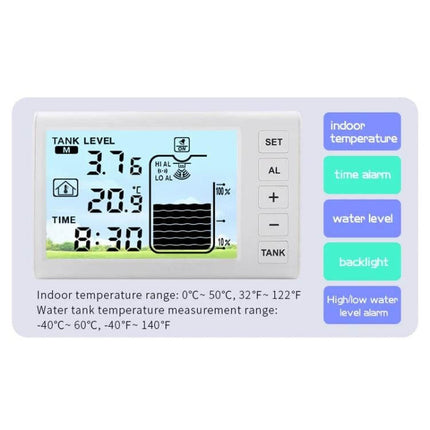 Solar-Powered Ultrasonic Liquid Level Monitoring Device digital display showing tank level, temperature, time and alarm indicators