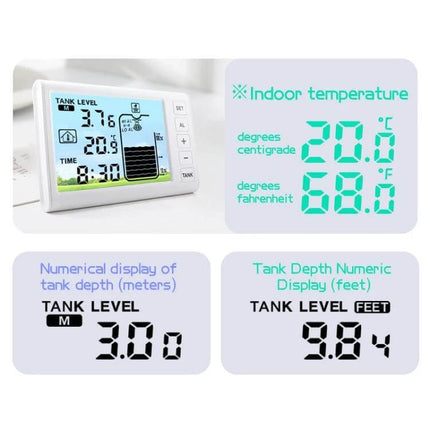 Solar-Powered Ultrasonic Liquid Level Monitoring Device digital display showing tank level, temperature (20.0°C/68.0°F) and numeric depth readouts