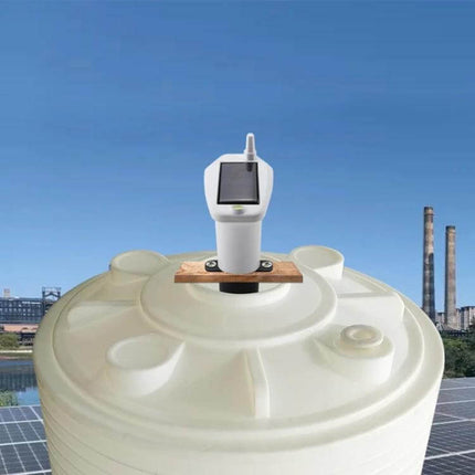 Solar-Powered Ultrasonic Liquid Level Monitoring Device mounted on plastic water tank with solar panel sensor and temperature tracking
