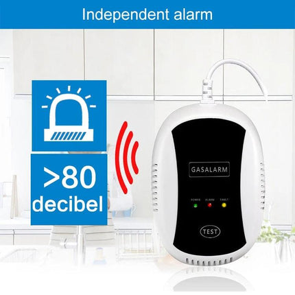Wireless Natural Gas Detection Alarm for Home Safety wall-mounted white gas detector with >80 decibel alarm and test button in kitchen
