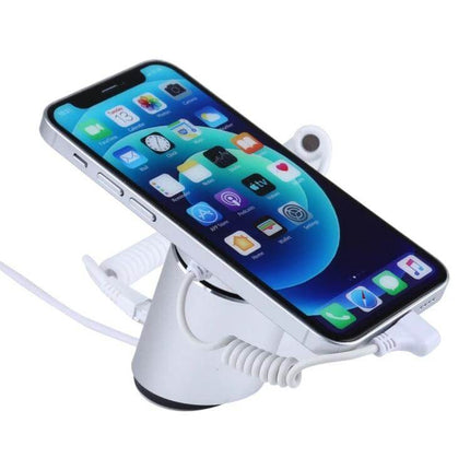 Magnetic Security Display Stand for iPhone and iPad Devices showing an iPhone secured on white magnetic retail display stand