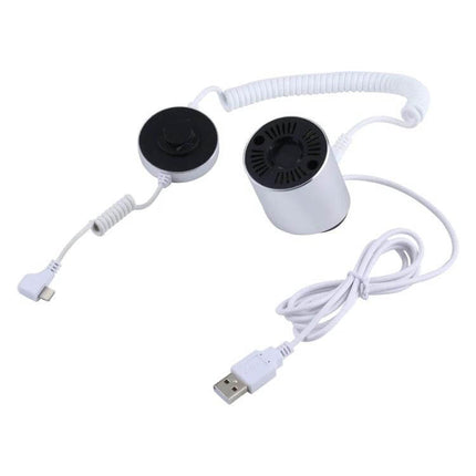 Magnetic Security Display Stand for iPhone and iPad Devices showing white USB-powered magnetic anti-theft stand with coiled tether