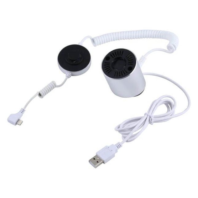 Magnetic Security Display Stand for iPhone and iPad Devices showing white USB-powered magnetic anti-theft stand with coiled tether