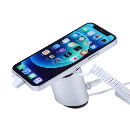 Magnetic Security Display Stand for iPhone and iPad Devices - silver retail anti-theft magnetic stand showcasing iPhone securely