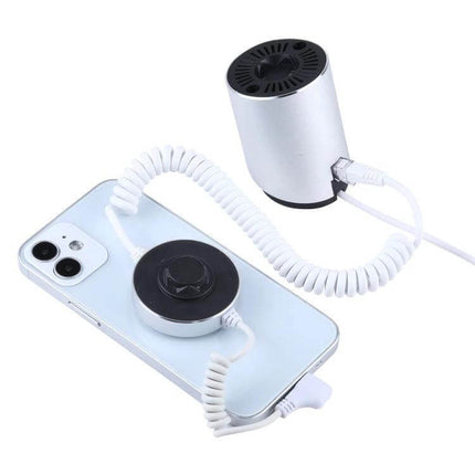 Magnetic Security Display Stand for iPhone and iPad Devices showing coiled tether and magnetic pad securing an iPhone on display