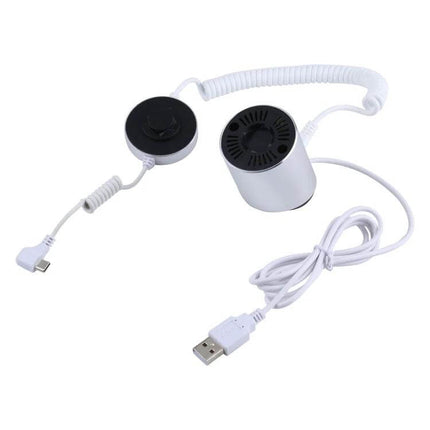 Cylindrical Display Stand for Mobile Phones with Anti-Theft Security showing white alarmed charging tether and USB cable