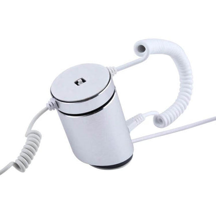 Cylindrical Display Stand for Mobile Phones with Anti-Theft Security - silver retail security stand with coiled charging cables