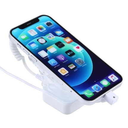Secure Anti-Theft Alarm Stand for iPhone and iPad Displays showing an iPhone on a retail security display with charging cable and touch-sensor alarm
