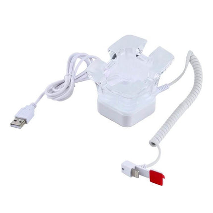 Secure Anti-Theft Alarm Stand for iPhone and iPad Displays showing white USB-powered alarm holder with coiled tether and clear cradle