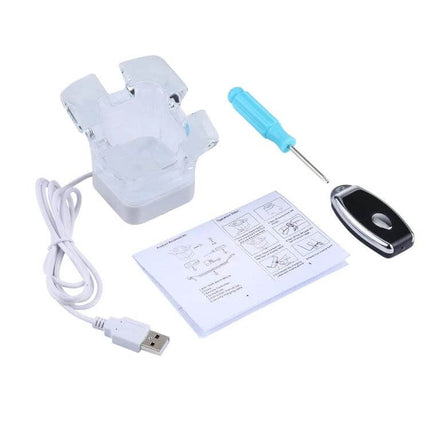 Secure Anti-Theft Alarm Stand for iPhone and iPad Displays showing clear cradle, USB charging cable, remote key fob and screwdriver for retail demo security