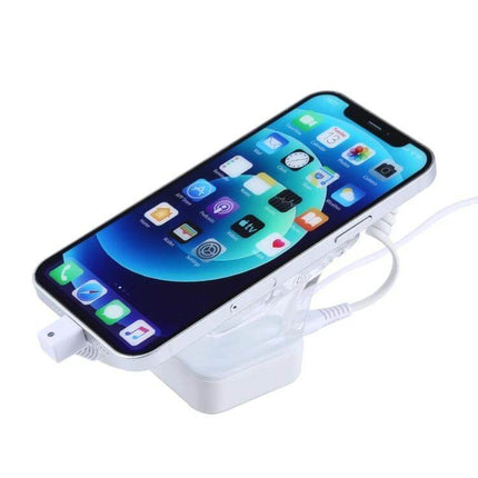 Secure Anti-Theft Alarm Stand for iPhone and iPad Displays showing a retail demo with charging cable and touch sensor