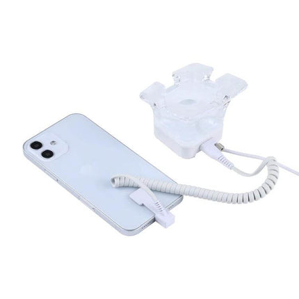 Secure Anti-Theft Alarm Stand for iPhone and iPad Displays showing clear alarm base with coiled cable attached to a displayed iPhone