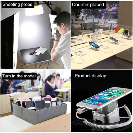 Secure Anti-Theft Alarm Stand for iPhone and iPad Displays on retail demo counter with charging cable and touch sensor