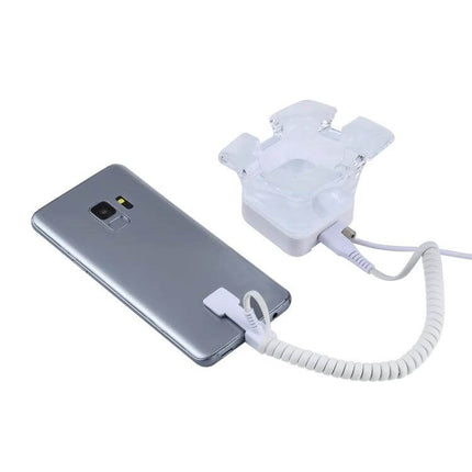 Anti-Theft Alarm Stand for Mobile Phones with Type-C Port displayed with smartphone connected, coiled cable and charging security tether