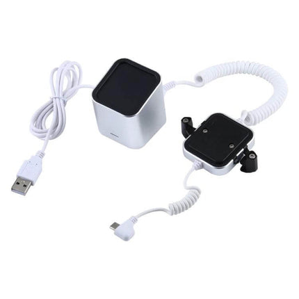 Aluminum Anti-Theft Display Stand for Mobile Phones with Type-C Port in silver aluminum alloy security display with coiled Type-C cable