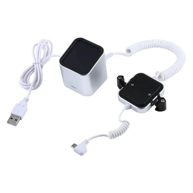 Aluminum Anti-Theft Display Stand for Mobile Phones with Type-C Port in silver aluminum alloy security display with coiled Type-C cable