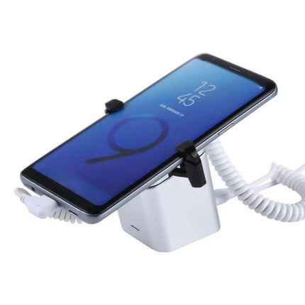 Aluminum Anti-Theft Display Stand for Mobile Phones with Type-C Port showing smartphone in retail with built-in Type-C charging and security tether