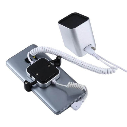 Aluminum Anti-Theft Display Stand for Mobile Phones with Type-C Port shown securing and charging a smartphone on retail counter