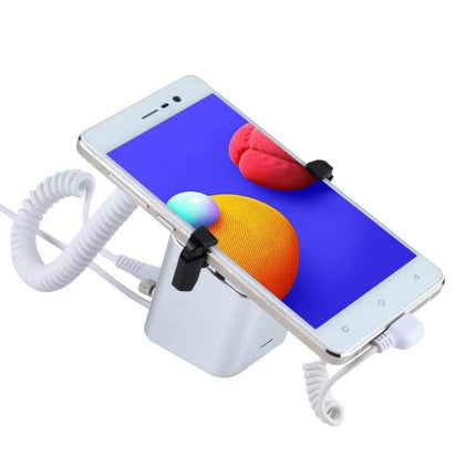 Secure Aluminum Anti-Theft Display Stand for Smartphones showing a white smartphone secured on a retail demo stand with coiled alarm cables