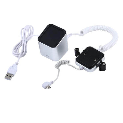 Secure Aluminum Anti-Theft Display Stand for Smartphones showing silver aluminum base, coiled security cable and USB connector for retail demo