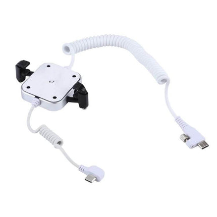 Secure Aluminum Anti-Theft Display Stand for Smartphones showing white coiled security cable and connector