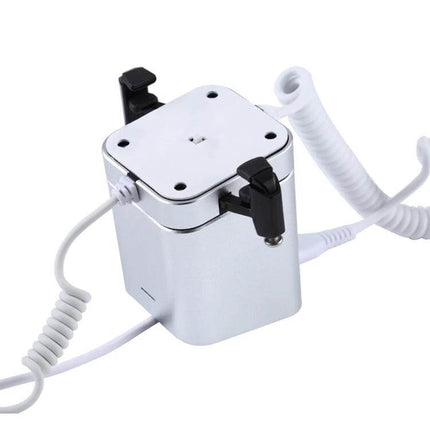 Secure Aluminum Anti-Theft Display Stand for Smartphones shown in silver with coiled security cables and locking brackets