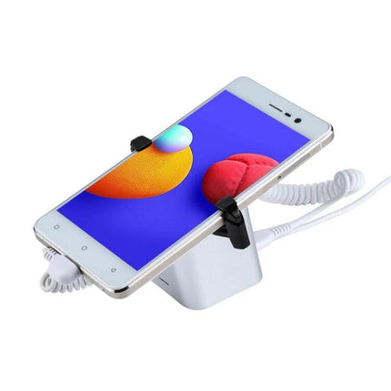Secure Aluminum Anti-Theft Display Stand for Smartphones showcasing a smartphone mounted with coiled security cable in retail setting
