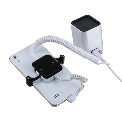Secure Aluminum Anti-Theft Display Stand for Smartphones showing smartphone mounted with coiled security cable and alarm unit