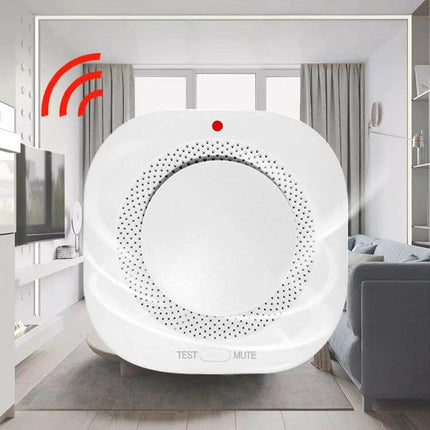 Wireless Smart Smoke Alarm with Voice Alerts for Home Safety mounted in living room, wireless signal icon, test and mute buttons visible