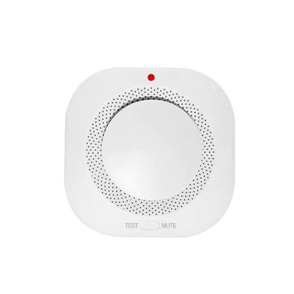 Wireless Smart Smoke Alarm with Voice Alerts for Home Safety - white wireless smoke detector with test/mute button and red status LED
